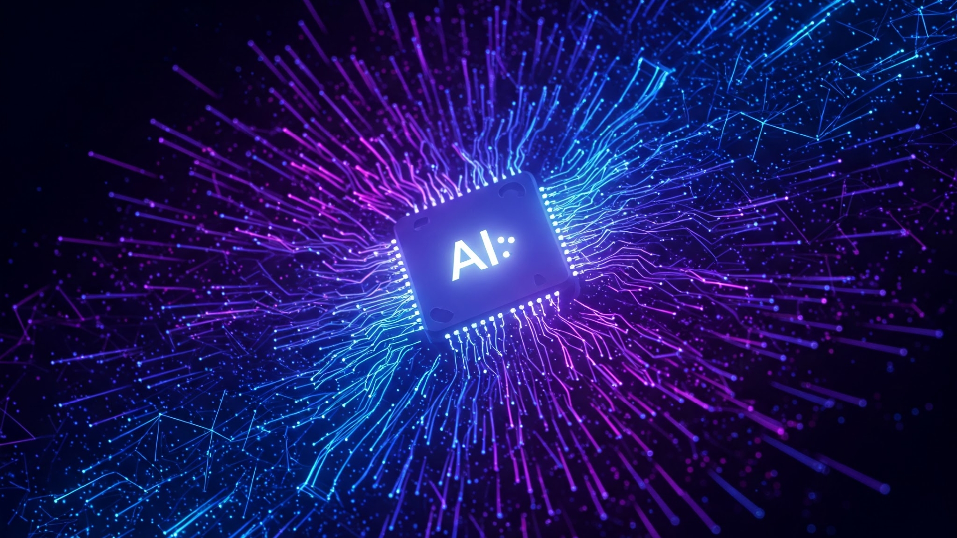 A glowing computer chip with the letters 'AI' at its centre, surrounded by a network of interconnected lines and light, representing artificial intelligence.